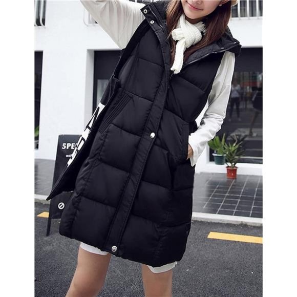 Women's Long Puffer Vest Sleeveless Coat Quilted Vest Jacket with Hood - Picture 3 of 7